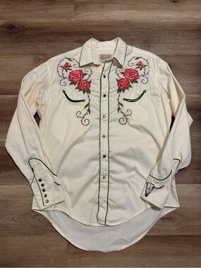 Rockmount Ranch Wear Men’s M Longhorn & Floral Embroidered Western Shirt Ivory